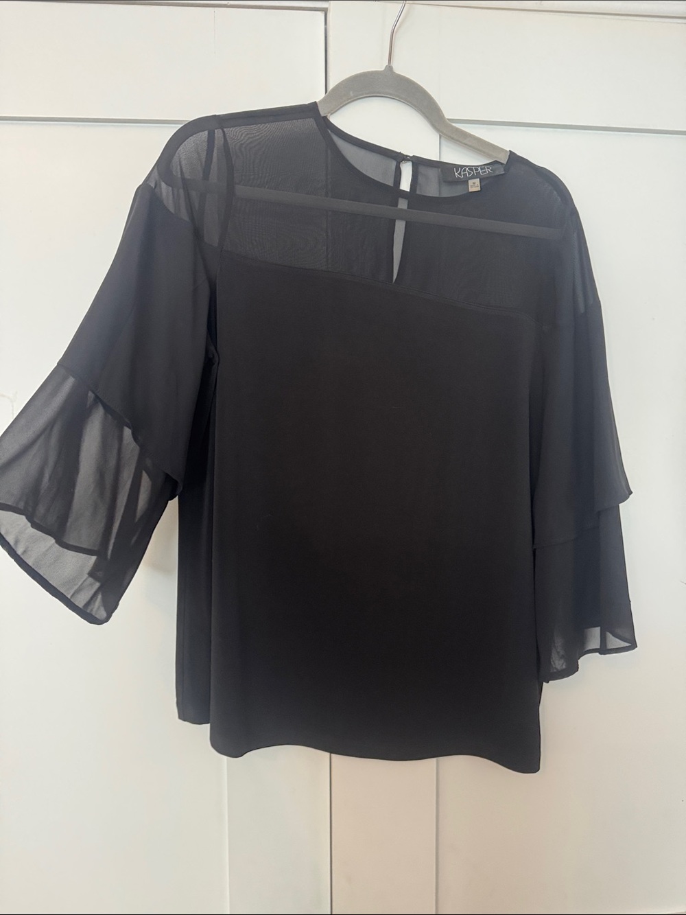 Kasper Black Sheer Yoke Flutter Sleeve Top